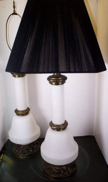 STIFFEL BRASS AND CERAMIC PAIR OF VINTAGE HEXAGONAL TABLE LAMPS